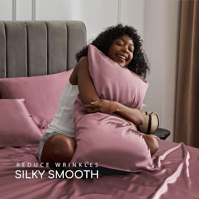 MR&HM Satin Bed Sheets Set, Twin XL, Rose Taupe, 600 Thread Count, 15 Inches - Image 3