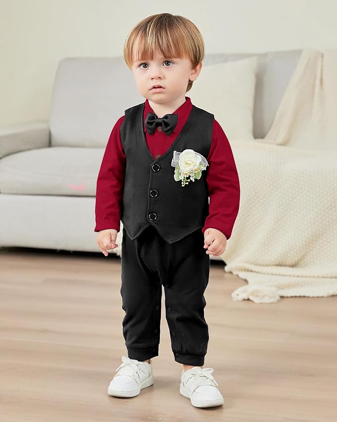 Baby Boy Clothes Gentleman Baby Suit Long Sleeve Romper+Vest+Bow Tie+Corsage 4Pcs Boys Formal Jumpsuit