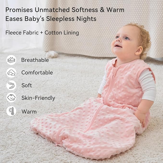 Fleece Baby Sleep Sack 18-24 Months with Plush Dots 1.5 Tog Baby Wearable Blanket with 2-Way Zipper Warm Sleeping Sack for Toddler Infant - XLarge, Apricot & Pink