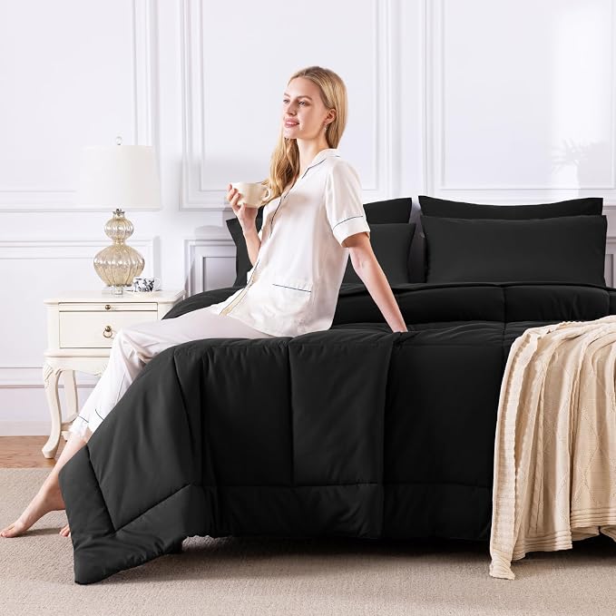 CozyLux King Size Comforter Set Black, 7 Pieces Bed in a Bag, All Season - Image 7