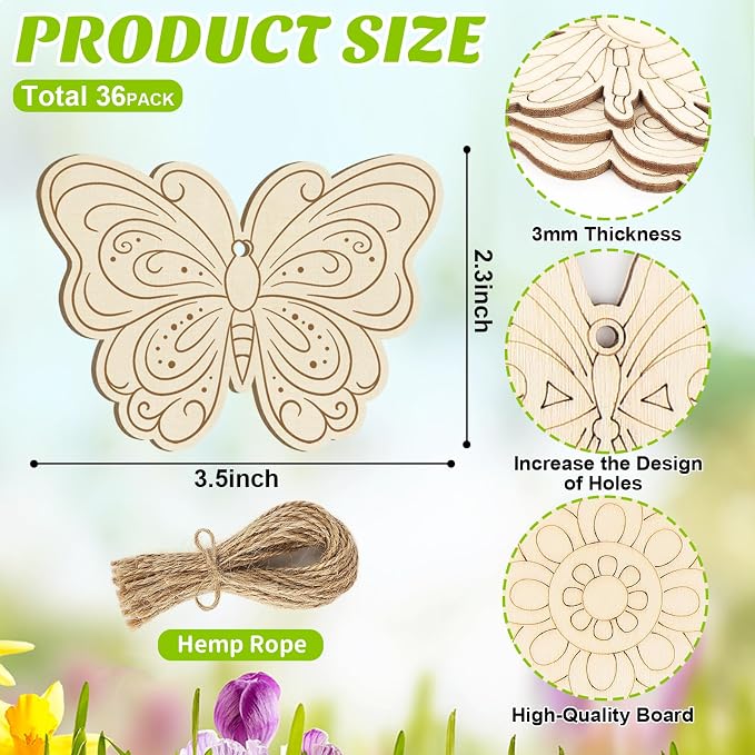 36PCS Wooden Spring Ornaments to Paint, 6 Styles DIY Blank Unfinished Wood - Image 7