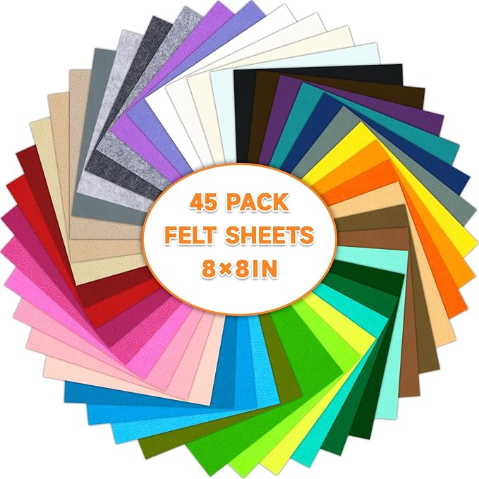 45 PCS Felt Fabric Sheets 8 x 8 Inch 2mm Craft Felt Sheets | 45 Assorted Colors by Oleitodh