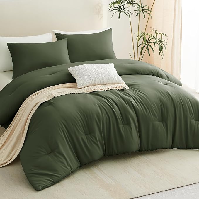 CozyLux California King Comforter Set Olive Green, 3 Pieces Cal King Solid - Image 7
