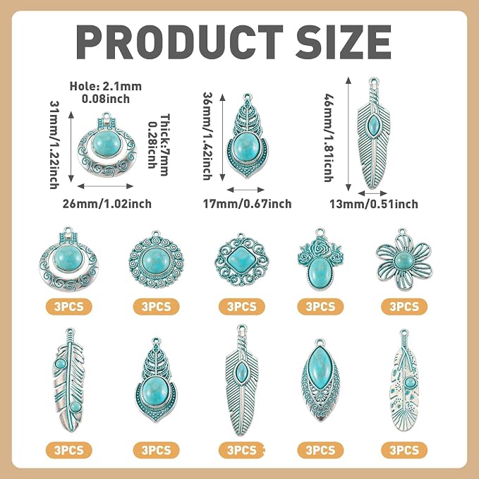 30Pcs Western Charms for Jewelry Making, Tibetan Style Turquoise Charms Flower - Image 4