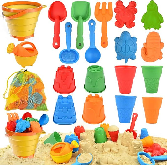 Beach Toys Set for Kids, Collapsible Sand Bucket and Shovels Set with Watering Can,Mesh Bag, Ice Cream &Animal Sand Molds,Travel Beach Toys for Toddler Boys Girls Age 3 4 5 6 7 8+