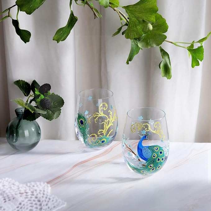 NymphFable Wine Tumbler Hand Painted Stemless Wine Glasses Peacock Set of 2 - Image 5