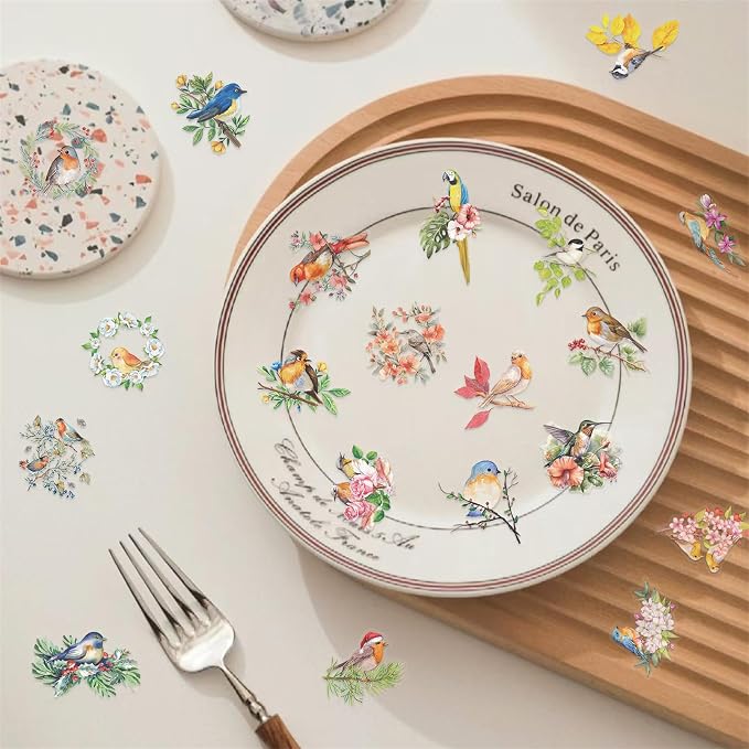 50PCS Flower and Bird Stickers PET Transparent Stickers Nature Watercolor Birds - Image 3