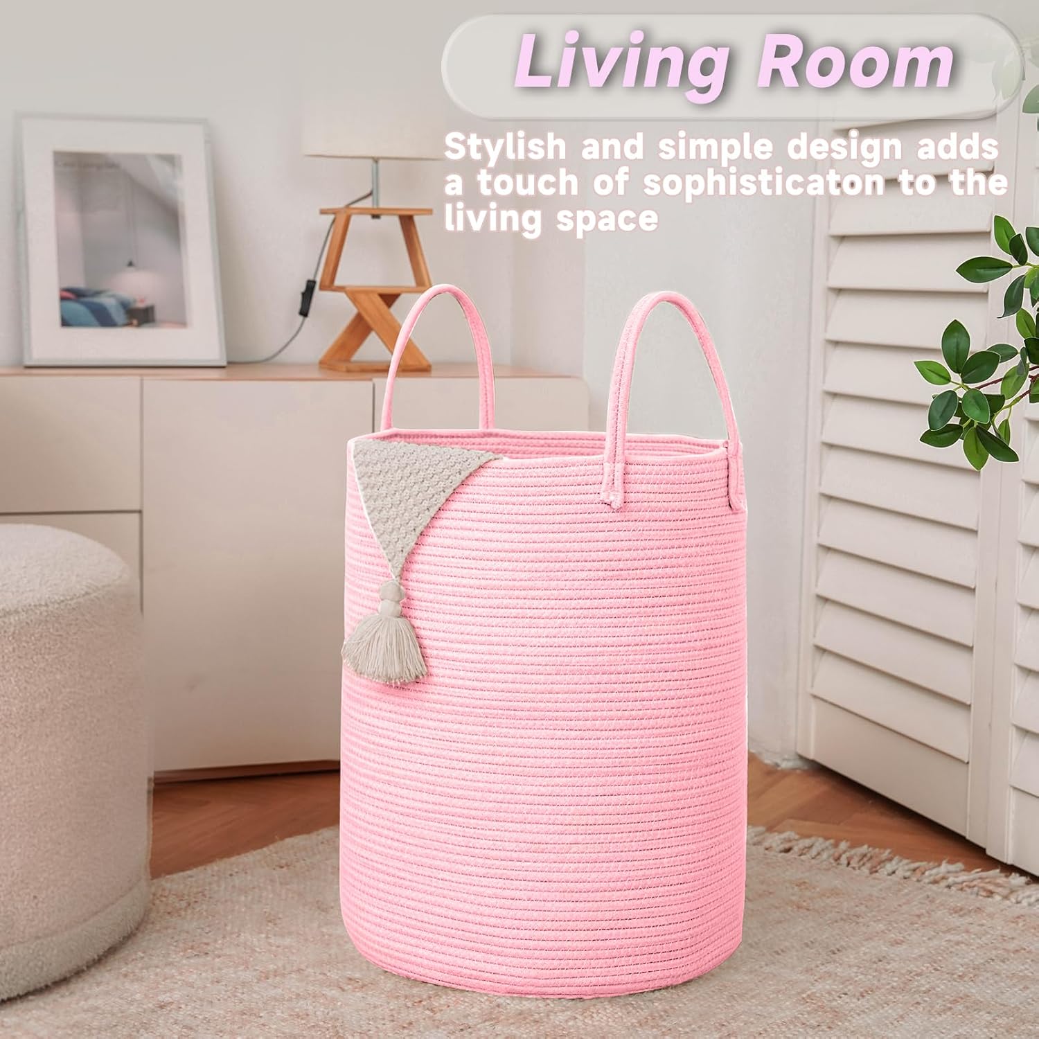 Large Woven Laundry Basket Hamper,60L Cotton Rope Storage Bin for Blankets,Toys and Clothes,Decorative Tall Nursery Hamper for Living Room,Baby Nursery,Bathroom and Bedroom,Pink