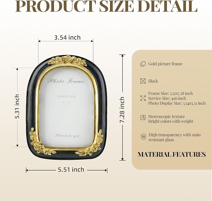 Cuspin Vintage 4x6 Picture Frame Black and Gold, Ornate Arched Resin Photo Frame - Image 5