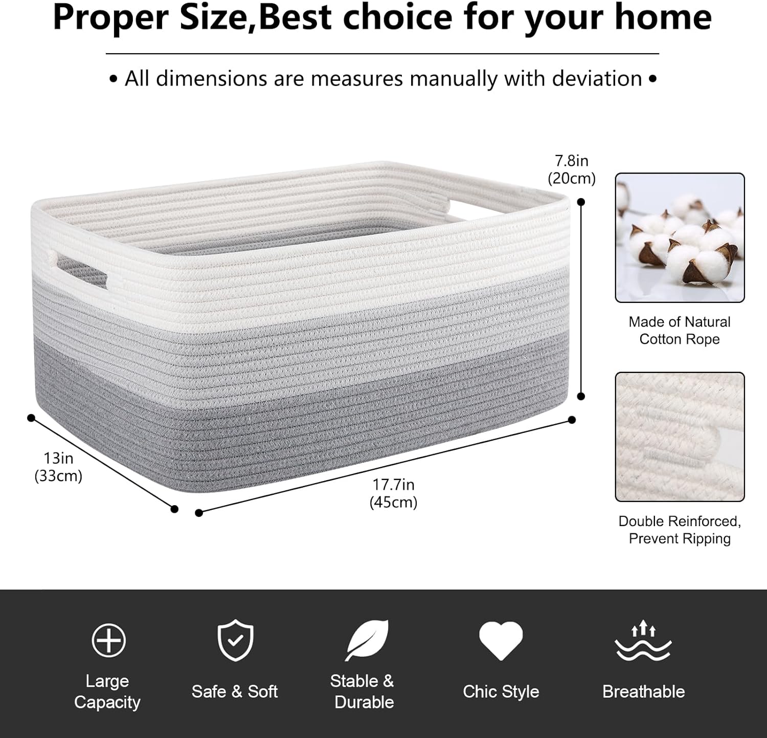 Large Storage Basket for Organizing, Woven Rope Basket for Shelves, Closet Organizer Bins for Clothes, Blanket, Toys, Baby Nursery Storage, 17.7" x 13" x 7.87", 2 Packs Gradient Grey