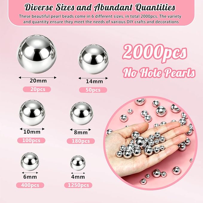 2000PCS Pearls for Crafting, Sliver No Hole Beads for Centerpieces Vases - Image 2