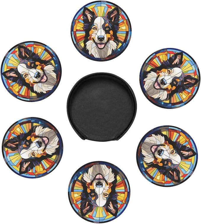 Drink Coaster Set of 6, Border Collie Dog Mom Lover Gift, Leather Drink Coasters - Image 4