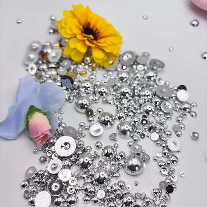 Sqqzuie1500PCS 3-14mm Shiny Silver Flatback Pearls, 150g Half-Round ABS Pearls - Image 2