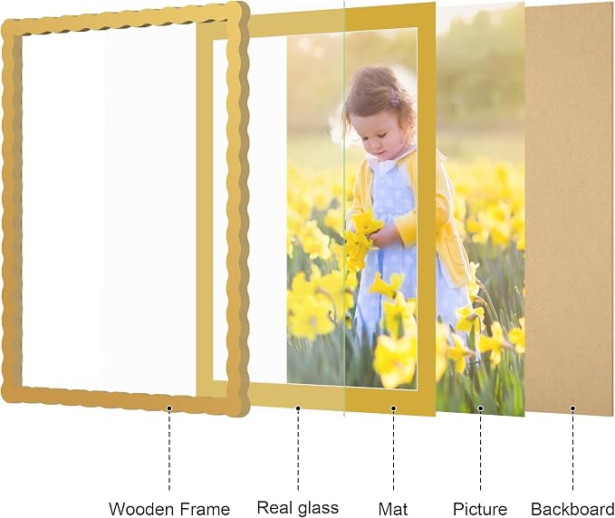 12x16 Picture Frame with Mat for 11x14, Wavy Edge Wooden Real Glass Photo Frame - Image 5