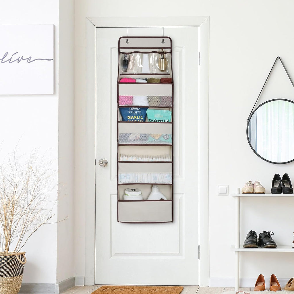 Univivi 5-Shelf Fabric Door Storage Over Door Hanging Organizer with 4 Large Pockets and 3 Small PVC Pockets Nursery Closet Cabinet Wall Mount Hanging Storage Organizers for Baby Nursery (Beige)