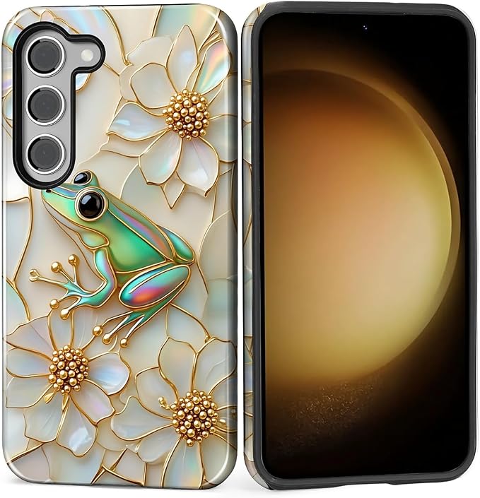 for Samsung Galaxy S23 Case, Stained Glass Frog Flowers Pattern Glossy 2 in 1 by Teonvpu