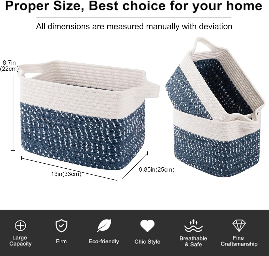 OIAHOMY Storage Basket, Woven Baskets for Storage, Cotton Rope Basket for toys,Towel Baskets for Bathroom - Pack of 3,White Blue