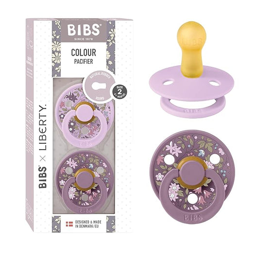BIBS Colour Liberty Soother 2-Pack, BPA Free Dummy Pacifier, Round Nipple. Natural Rubber Latex, Made in Denmark, Size 2 (6-18 Months), Chamomile Lawn Violet Sky