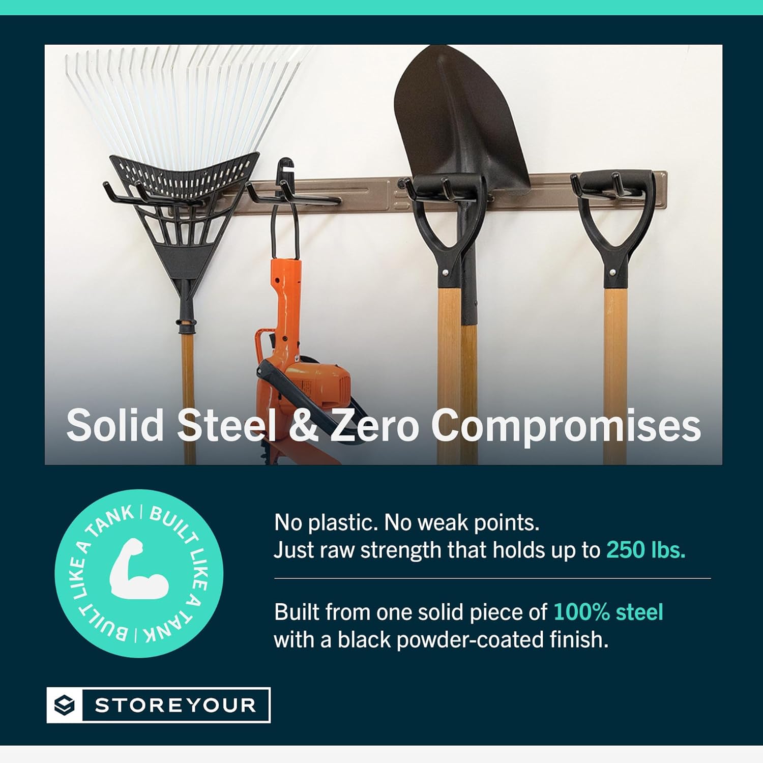 StoreYourBoard Wall-Mounted Rack With 4 Garage Hooks – Heavy-Duty Steel Holder Garage & Garden Storage for Shed, Workshop, or Home Organization – For Rakes, Shovels, Tools & More – 1 Pack, Mud