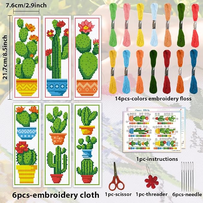 ACRNIGHEET 6PCS Cactus Cross Stitch Bookmark Kit - Image 2