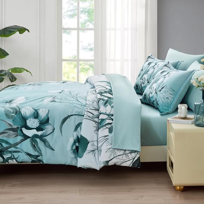 Luxudecor Floral Comforter Set Full Size 7 Piece, Aqua Flower Bed in a Bag - Image 7
