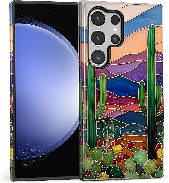 for Samsung Galaxy S24 Ultra Case, Stained Glass Cactus Pattern Glossy 2 in 1 - Image 2