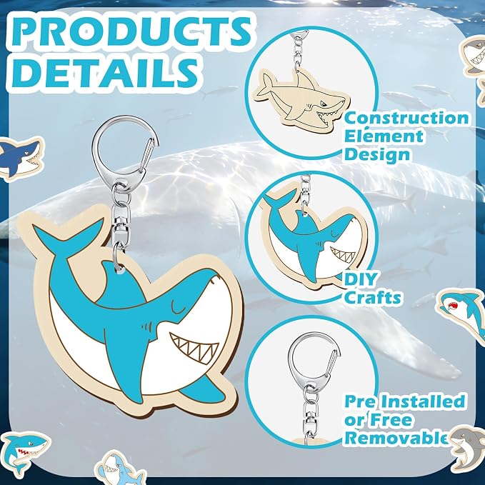 RattanView 24 Pcs Summer Shark Crafts Color Your Own Keychains DIY Craft Wooden - Image 3
