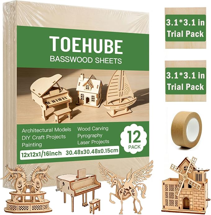 12 X 12 X 1/16 Inch Basswood Sheets, 12 Pack Plywood Sheets, Unfinished Thin by Unknown