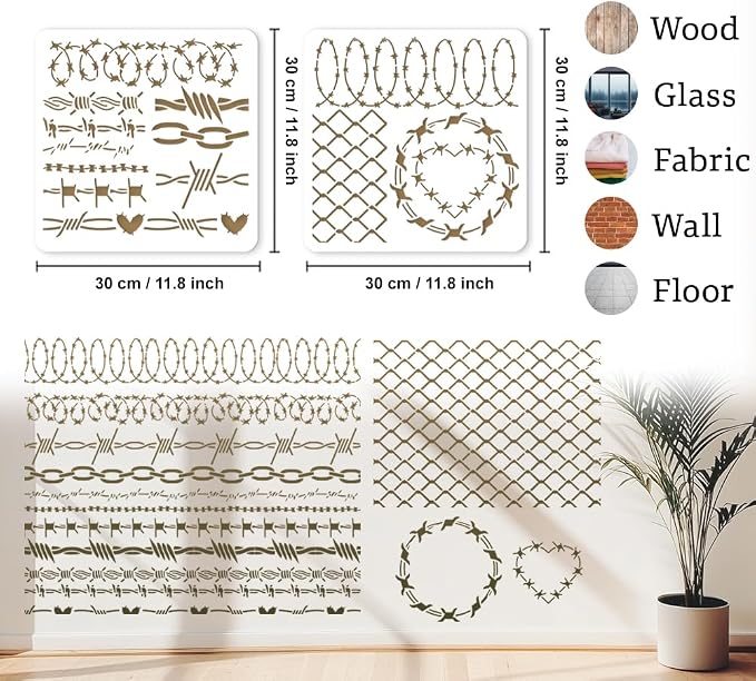 2Pcs Barbed Wire Stencils for Painting, 11.8"x 11.8" Reusable Knotted Iron Wire - Image 2