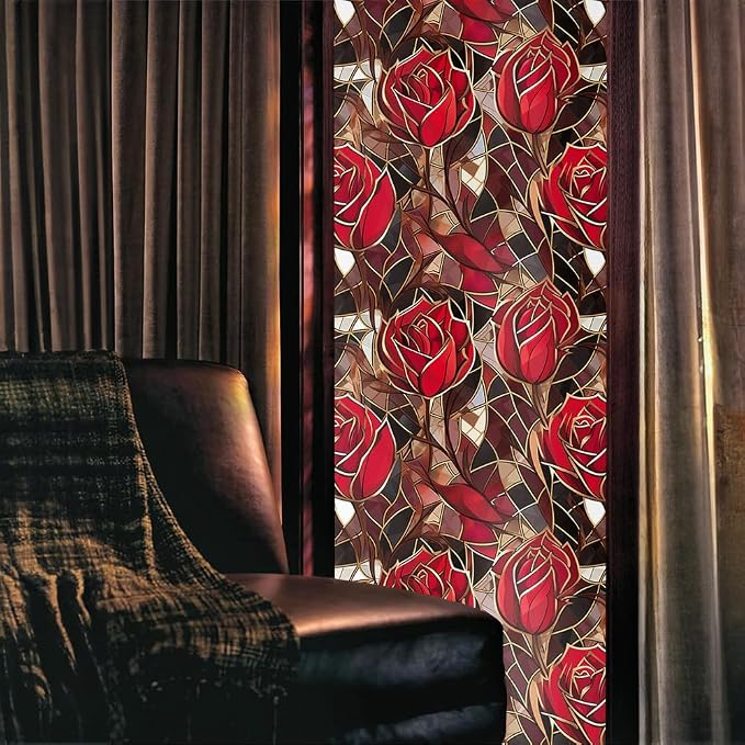 Modern Gold Red Rose Flowers Stained Glass Window Films Decorative Double-Side - Image 2