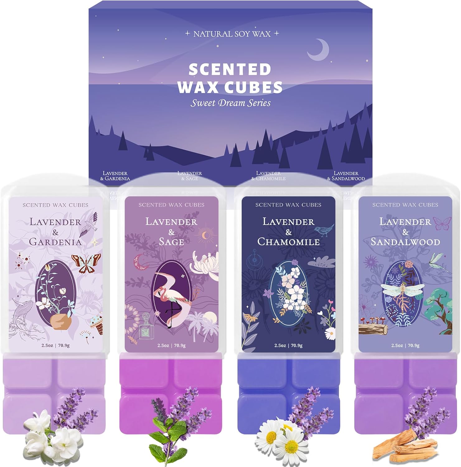 SCENTORINI Wax Melts, Wax Cubes Strong Scent, Long Lasting Lavender Scented for Sleep, Wax Melts for Warmer, 2.5 oz 4-Pack - Lavender & Gardenia, Sage, Chamomile, Sandalwood