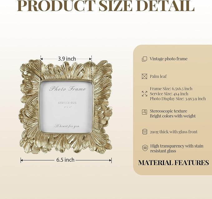 4x4 Gold Picture Frame, Vintage Ornate Square Photo Frame, Glass Front - Image 4