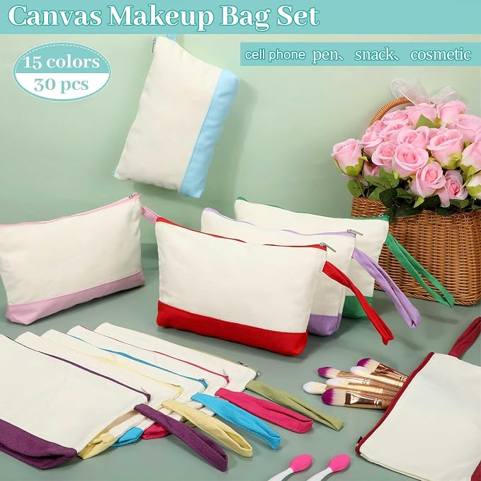 Silkfly 30 Pcs Cotton Canvas Makeup Bags Cosmetic Zipper Bags 10.2 x 5.5 x 2'' - Image 4