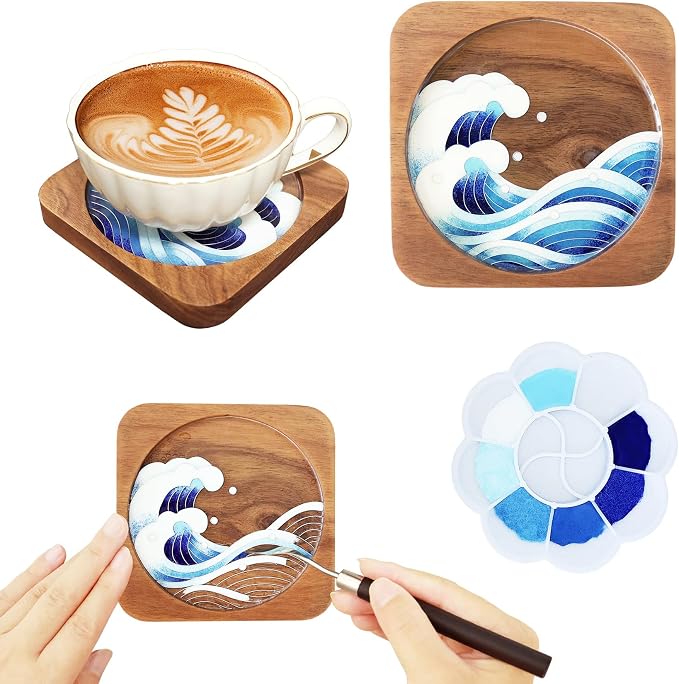 Wooden Coasters Craft Kits – Filigree Enamels Painting DIY Coasters Art by Blauwhim