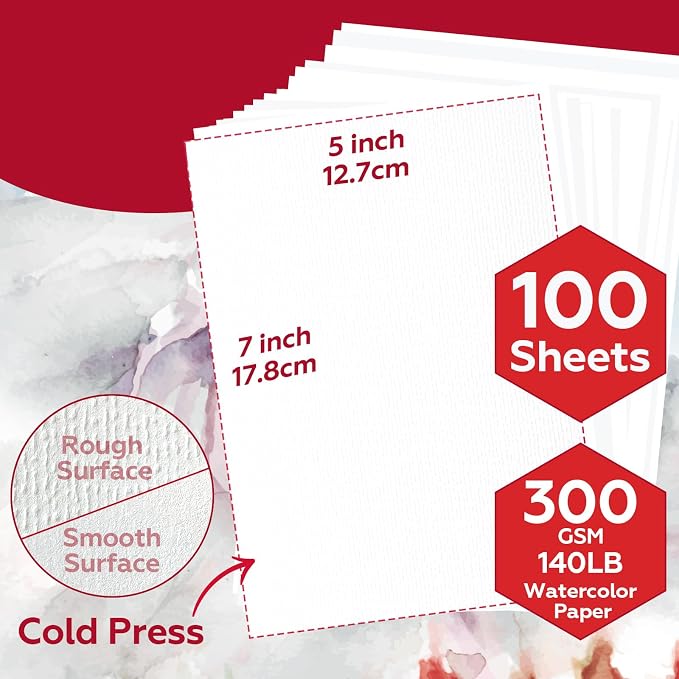 100 Sheets Watercolor Paper Bulk，5 x 7 Inch Cold Press 140 lb/300 GSM Water - Image 4