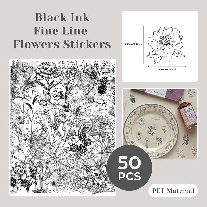 200 Pcs Clear PET Stickers Black Fine Line Flowers, Wildflowers & Mushrooms - Image 3