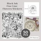 200 Pcs Clear PET Stickers Black Fine Line Flowers, Wildflowers & Mushrooms - Image 3