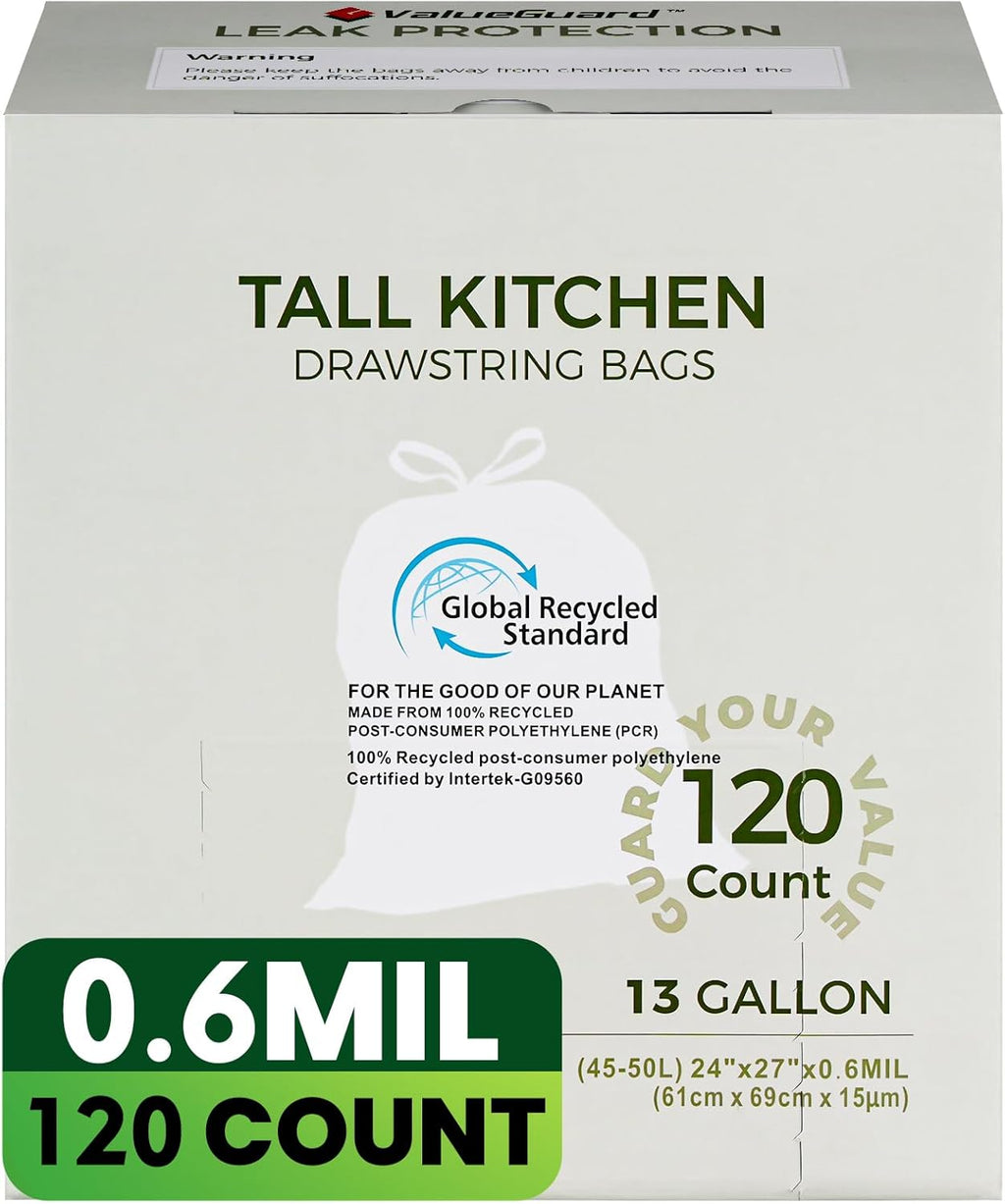 Large Trash Bag 13 Gallon Tall Drawstring 100% Post-Consumer Recycled Garbage Bag Waste Bag for Kitchen Office (120 Count, 0.6 Mil)
