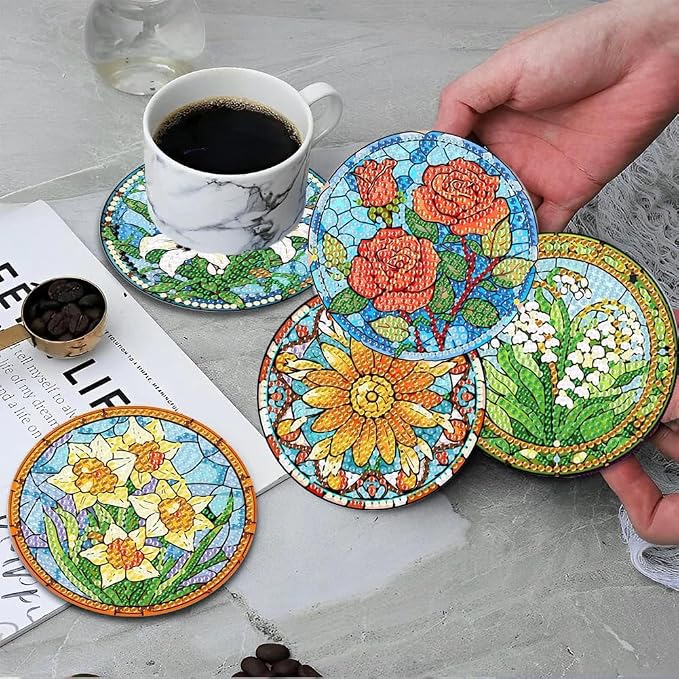ijbnhd 8 PCS Flowers Diamond Art Coasters | Diamond Painting Coasters Kits - Image 6