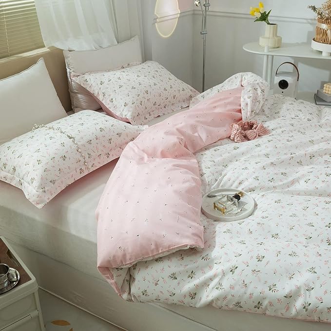 mixinni Cotton Floral Duvet Cover Twin Girl Pink Flower Teenage Girls Duvet - Image 5