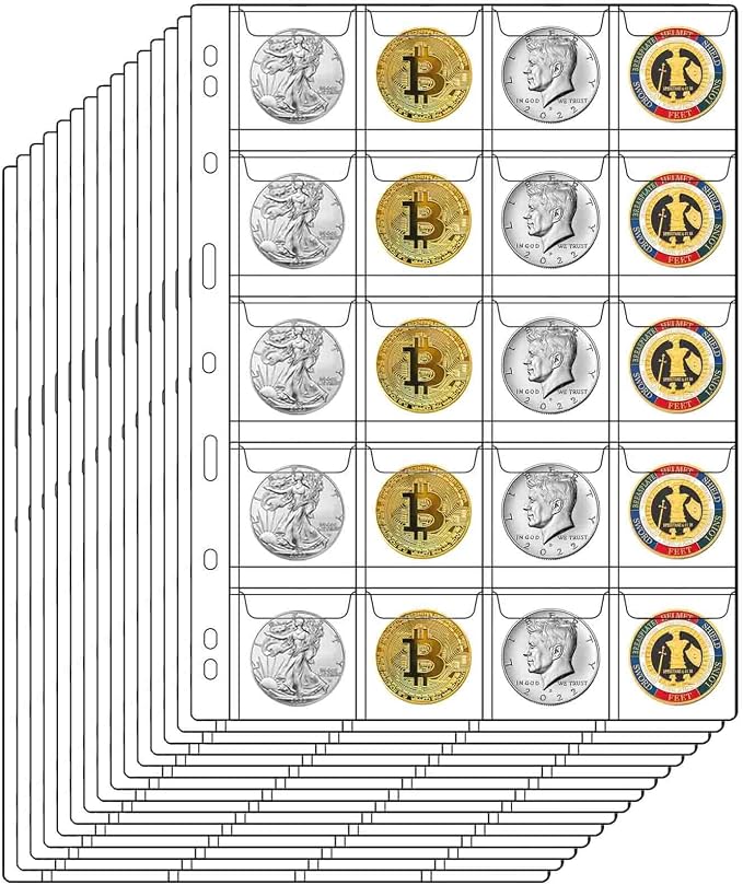 20-Pocket Coin Pages for Collectors, Standard 9-Hole Coin Collection Pages fit by Suremita