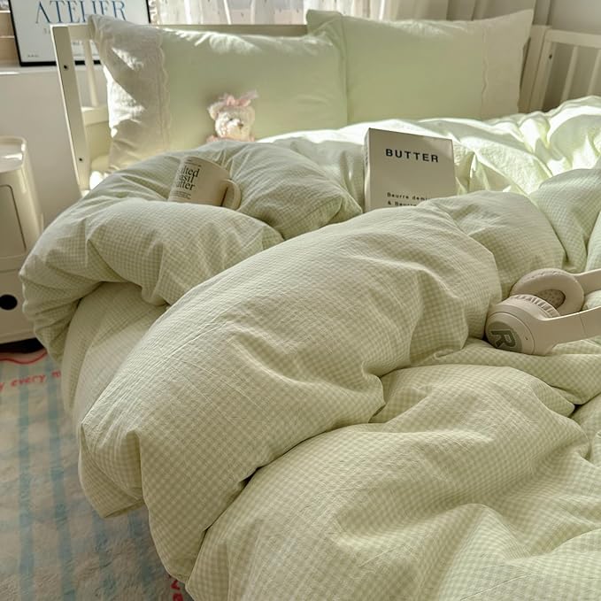mixinni Green Gingham Duvet Cover Queen Size - Image 7