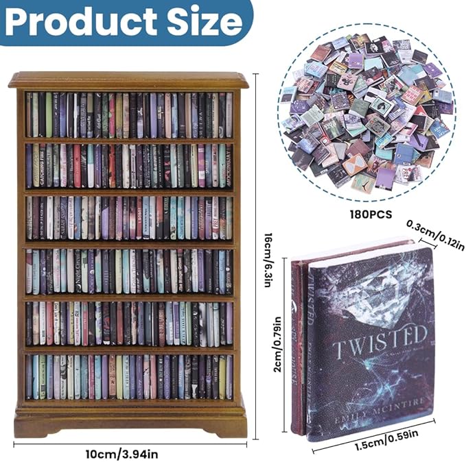 DIYDEC Mini Bookshelf with 180pcs Mini Books Miniature Anxiety Bookshelf - Image 3