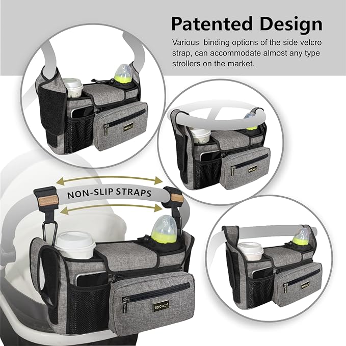 TOPDesign Universal Baby Stroller Organizer, Stroller Caddy with Heightened Insulated Cup Holders & Non-Slip Secure Hooks Accessories, Fits Most Strollers, Machine Washable (Green)