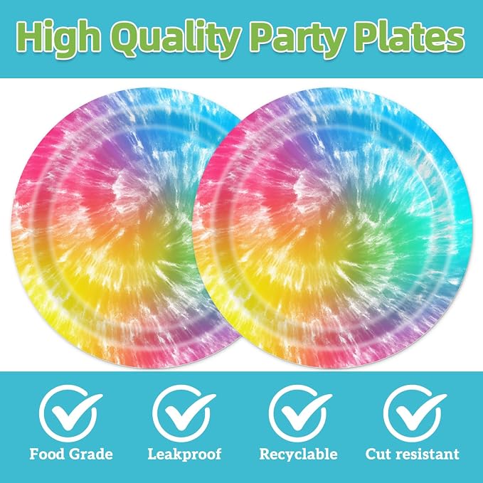 40Pcs Tie Dye Birthday Party Decorations Hippie Rainbow BirthdayPlates and - Image 3