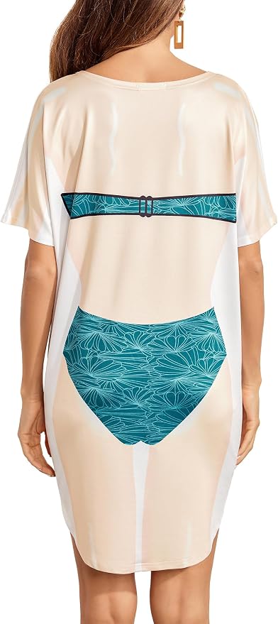 Ekouaer Women's Bikini Shirt Cover Up Short Sleeve Cute Bikini Print Cover-Up - Image 2