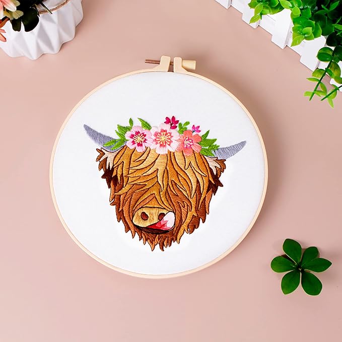 Louise Maelys Highland Cow Stamped Embroidery Kit Floral DIY Craft | Complete - Image 5