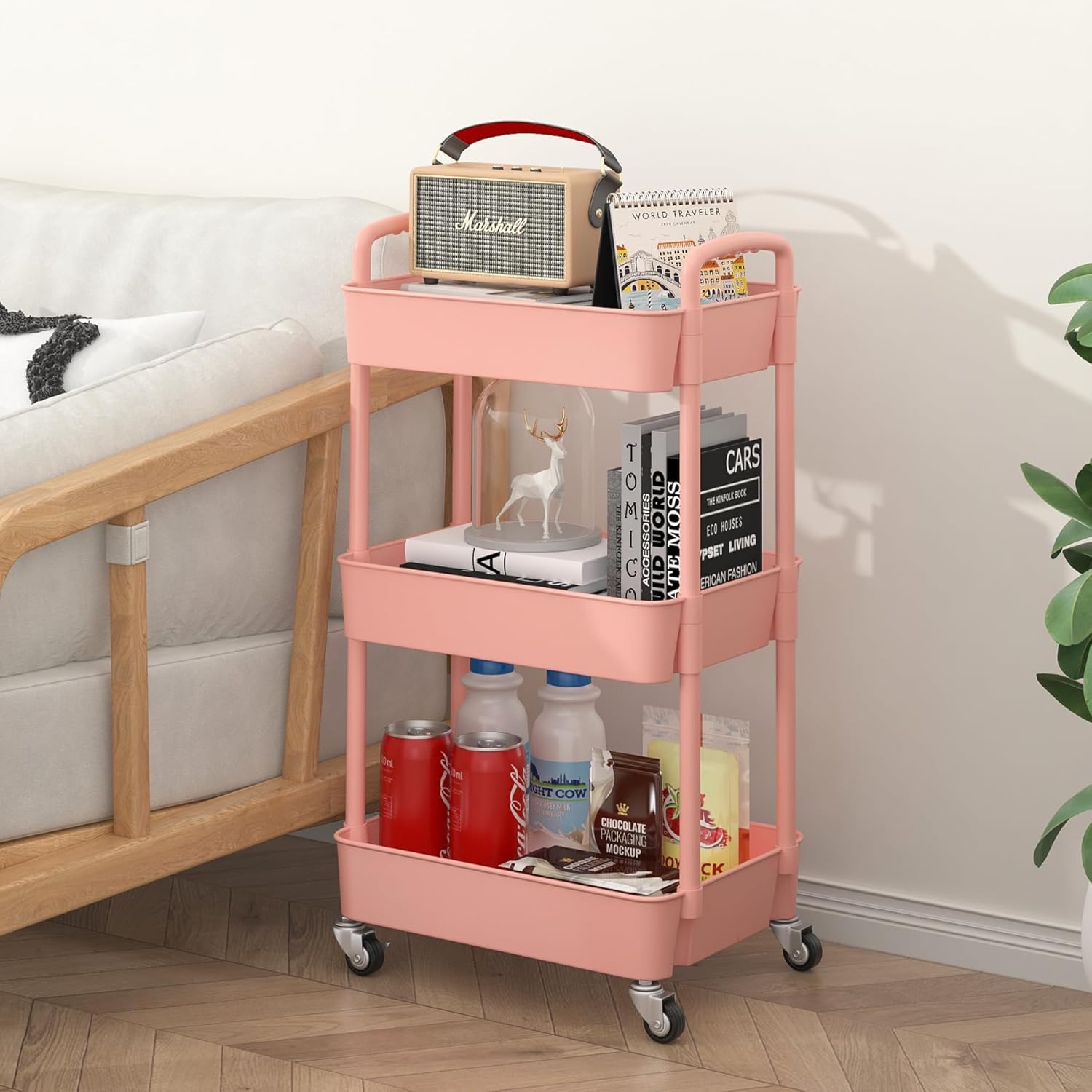 Sywhitta 3-Tier Plastic Rolling Utility Cart with Handle, Multi-Functional Storage Trolley for Office, Living Room, Kitchen, Movable Storage Organizer with Wheels, Pink
