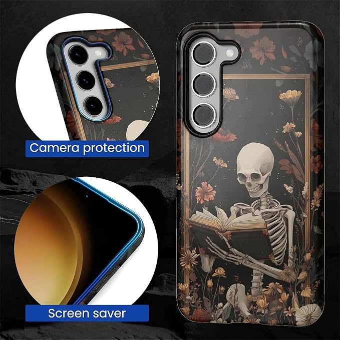 Case for Samsung Galaxy S23 Case, Skeleton Reader Goth Floral Design Hybrid - Image 2