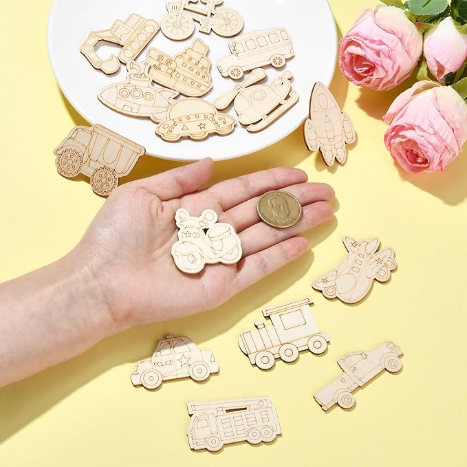100 pcs Mixed Styles Transportation Theme Undyed Wood Cutout Charms Car Vehicle - Image 4